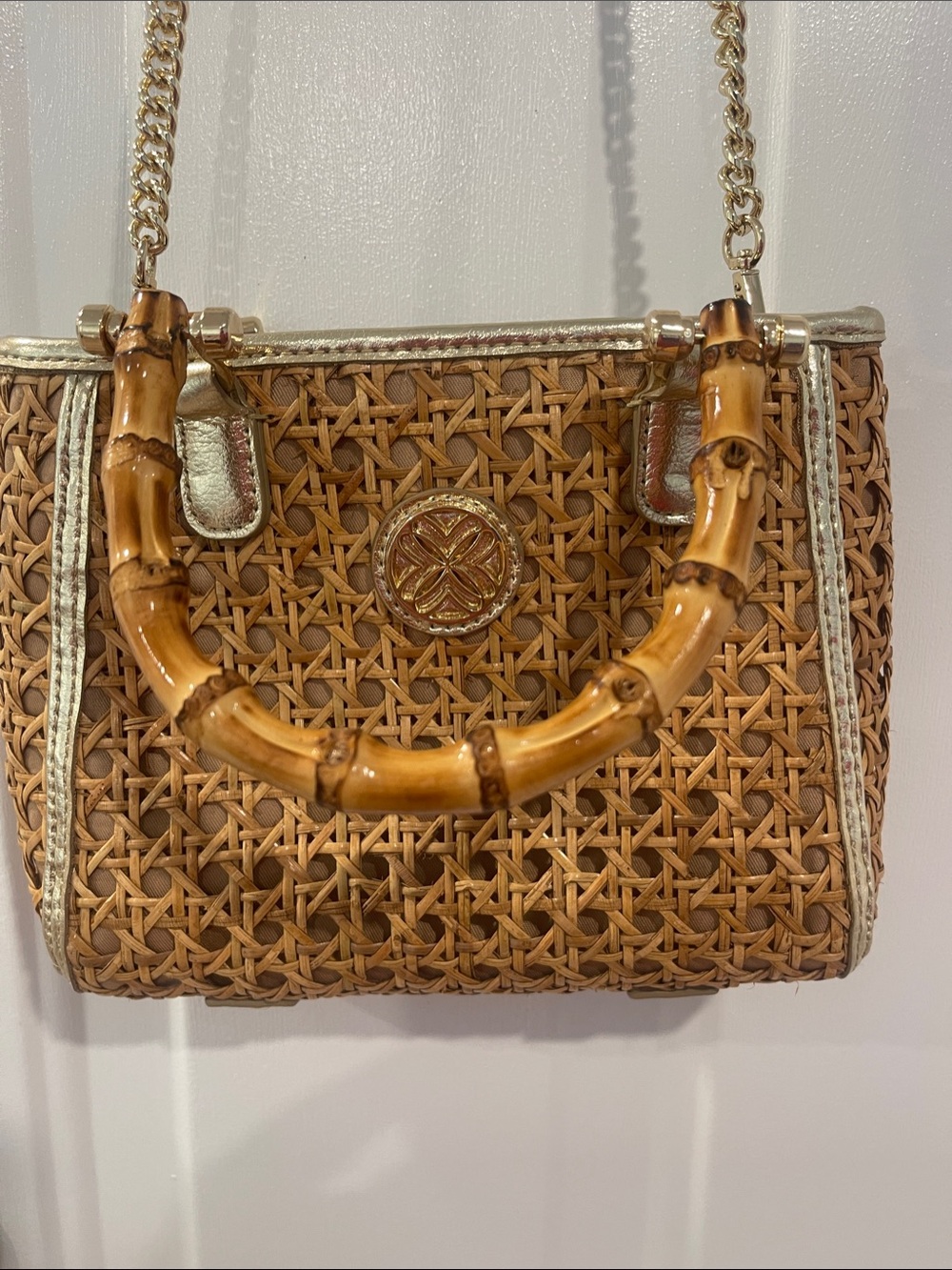 Lilly Pulitzer Woven Bamboo-Handle Satchel in Tan and Gold